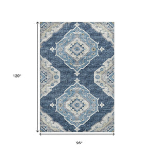 HomeRoots 8' X 10' Blue and Ivory Tribal Area Rug - Washable, UV Protected, Kid & Pet Friendly, Durable Style 644196