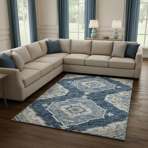 HomeRoots 8' X 10' Blue and Ivory Tribal Area Rug - Washable, UV Protected, Kid & Pet Friendly, Durable Style 644196