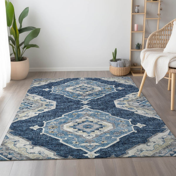 HomeRoots 8' X 10' Blue and Ivory Tribal Area Rug - Washable, UV Protected, Kid & Pet Friendly, Durable Style 644196
