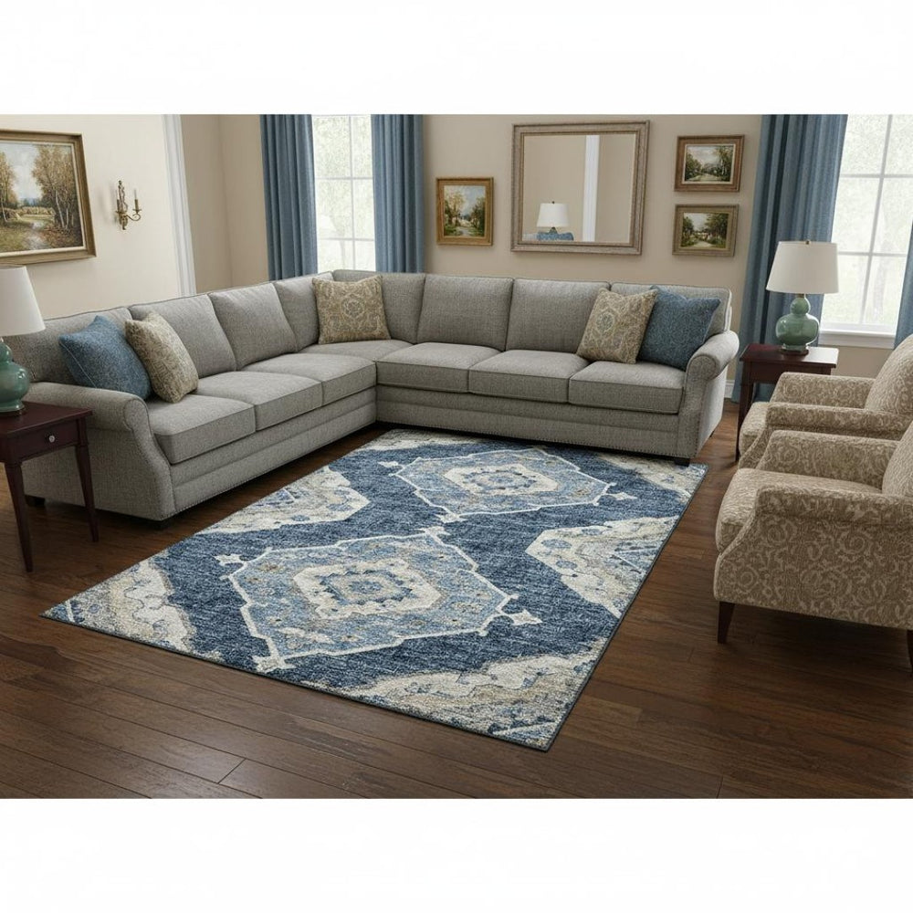 HomeRoots 9' X 12' Washable Blue And Ivory Tribal Area Rug with UV Protection for High-Traffic Spaces, Durable Design 644197