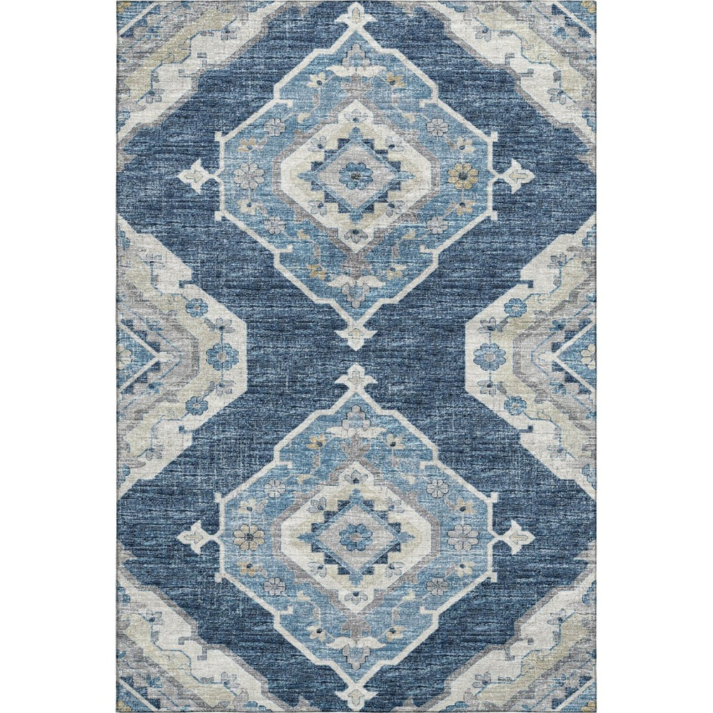 HomeRoots 9' X 12' Washable Blue And Ivory Tribal Area Rug with UV Protection for High-Traffic Spaces, Durable Design 644197