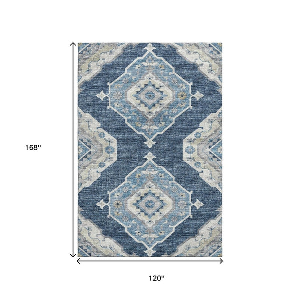 HomeRoots 10' X 14' Blue and Ivory Tribal Area Rug – Machine Washable, UV Protected, and Stain Resistant Design! 644198