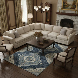 HomeRoots 10' X 14' Blue and Ivory Tribal Area Rug – Machine Washable, UV Protected, and Stain Resistant Design! 644198