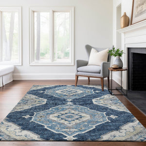 HomeRoots 10' X 14' Blue and Ivory Tribal Area Rug – Machine Washable, UV Protected, and Stain Resistant Design! 644198