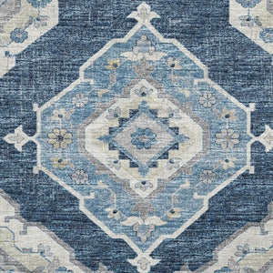 HomeRoots 10' X 14' Blue and Ivory Tribal Area Rug – Machine Washable, UV Protected, and Stain Resistant Design! 644198