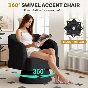 English Elm Swivel Teddy Barrel Accent Chair with Ergonomic Wrap-Around Back, Plush Sherpa Fabric Comfort Black T3950P407284