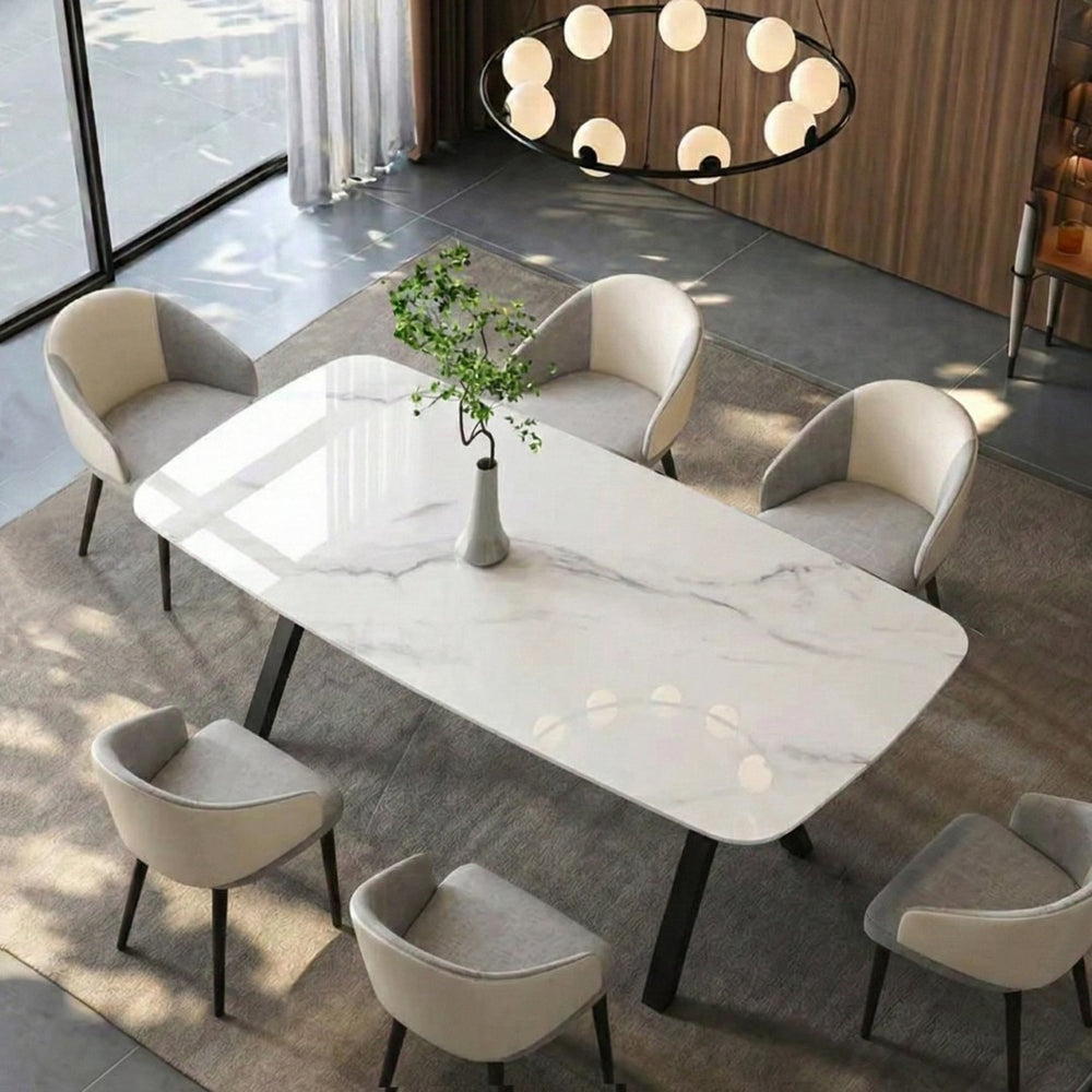 English Elm Modern-style Marble Glass Dining Table Seats Six with Sleek Black Metal Legs W5123P397512