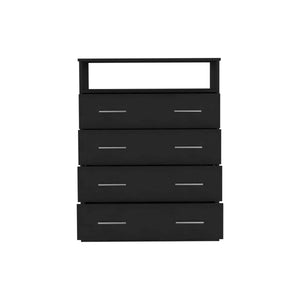 English Elm Four Drawer Dresser with Superior Top and Open Shelf, Engineered Wood, Metal Hardware, Modern Storage Black 46 L x 21 W x 4 H B097S00113