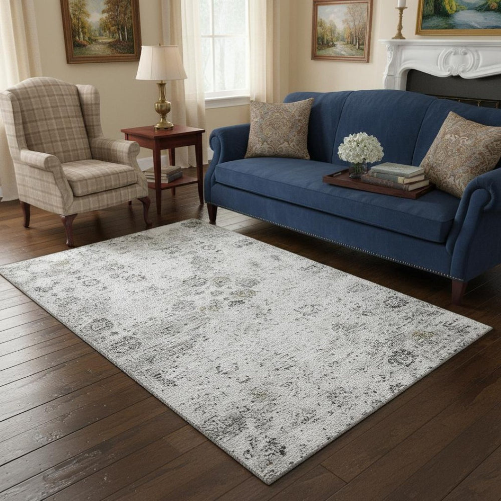 HomeRoots 5' X 8' Light Gray & Charcoal Floral Medallion Area Rug - Washable, Stain-Resistant & UV Protected! 644200