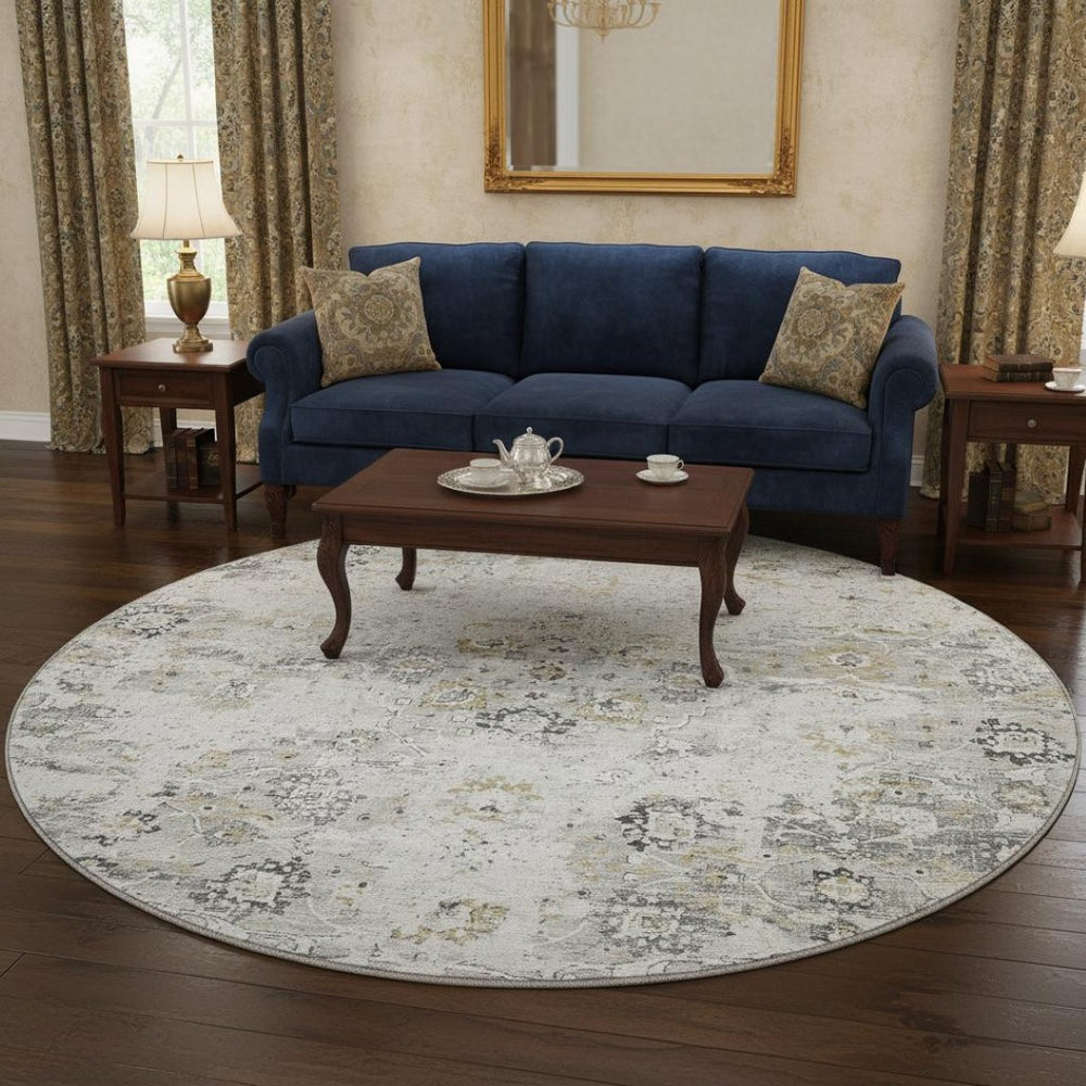 HomeRoots 8' Light Gray & Charcoal Floral Medallion Round Rug – Washable, UV Protected, Durable & Stylish Home Decor 644201