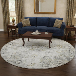 HomeRoots 8' Light Gray & Charcoal Floral Medallion Round Rug – Washable, UV Protected, Durable & Stylish Home Decor 644201