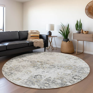 HomeRoots 8' Light Gray & Charcoal Floral Medallion Round Rug – Washable, UV Protected, Durable & Stylish Home Decor 644201