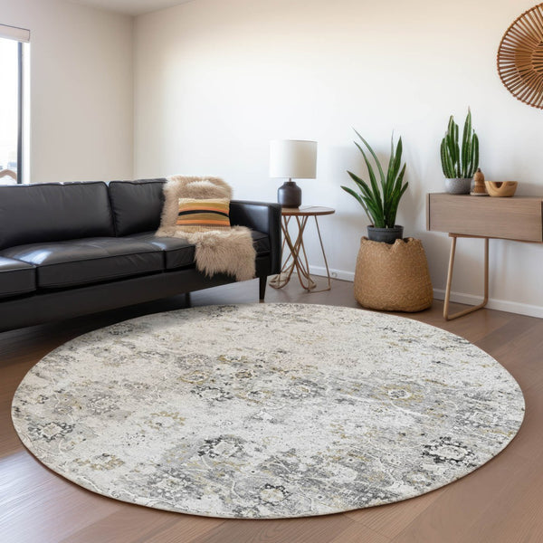 HomeRoots 8' Light Gray & Charcoal Floral Medallion Round Rug – Washable, UV Protected, Durable & Stylish Home Decor 644201