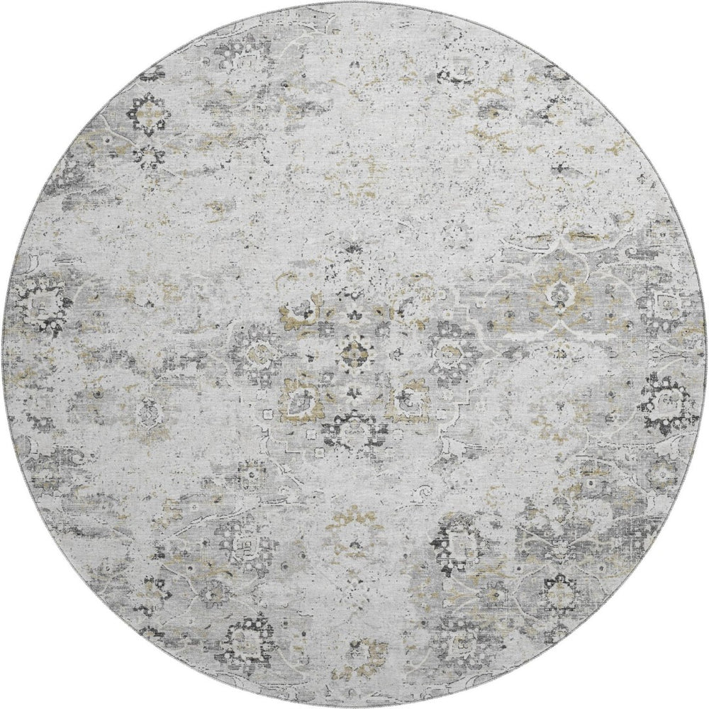 HomeRoots 8' Light Gray & Charcoal Floral Medallion Round Rug – Washable, UV Protected, Durable & Stylish Home Decor 644201