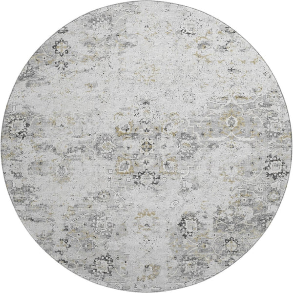 HomeRoots 8' Light Gray & Charcoal Floral Medallion Round Rug – Washable, UV Protected, Durable & Stylish Home Decor 644201