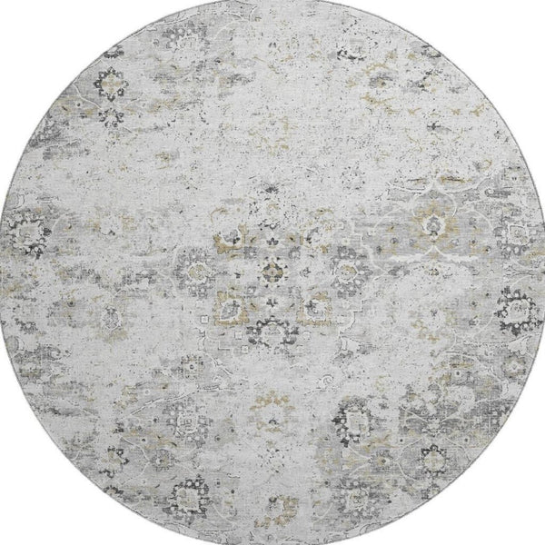 HomeRoots 8' Light Gray & Charcoal Floral Medallion Round Rug – Washable, UV Protected, Durable & Stylish Home Decor 644201