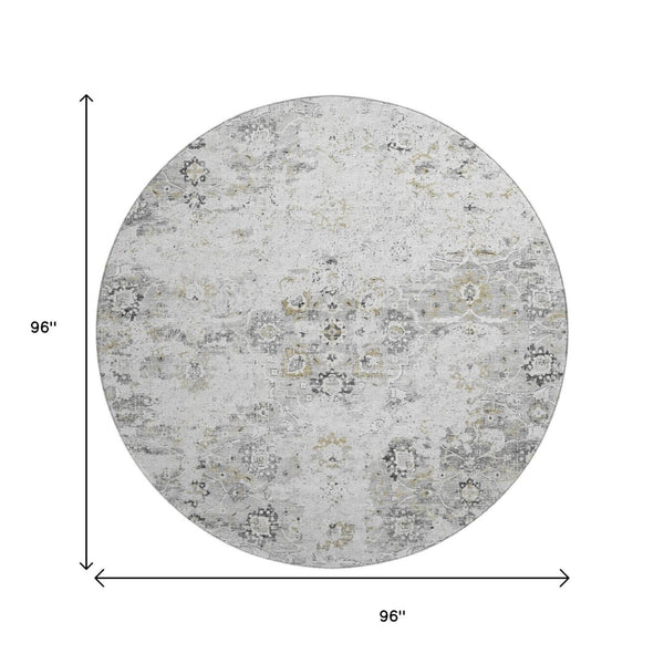 HomeRoots 8' Light Gray & Charcoal Floral Medallion Round Rug – Washable, UV Protected, Durable & Stylish Home Decor 644201