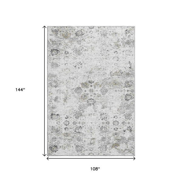HomeRoots 9' X 12' Light Gray Charcoal Floral Medallion Washable Area Rug with UV Protection for High-Traffic Areas 644203