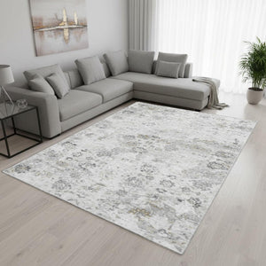 HomeRoots 10' X 14' Light Gray Charcoal Floral Medallion Area Rug - Washable, Stain Resistant, UV Protected 644204