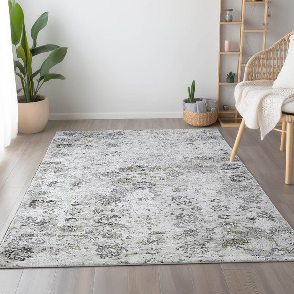 HomeRoots 10' X 14' Light Gray Charcoal Floral Medallion Area Rug - Washable, Stain Resistant, UV Protected 644204