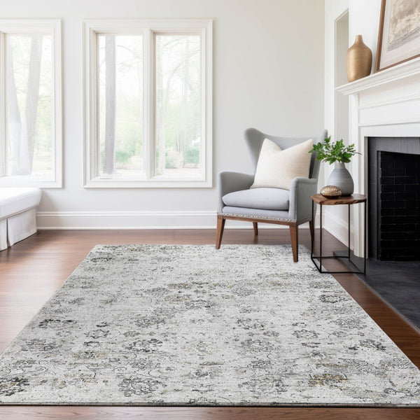 HomeRoots 10' X 14' Light Gray Charcoal Floral Medallion Area Rug - Washable, Stain Resistant, UV Protected 644204