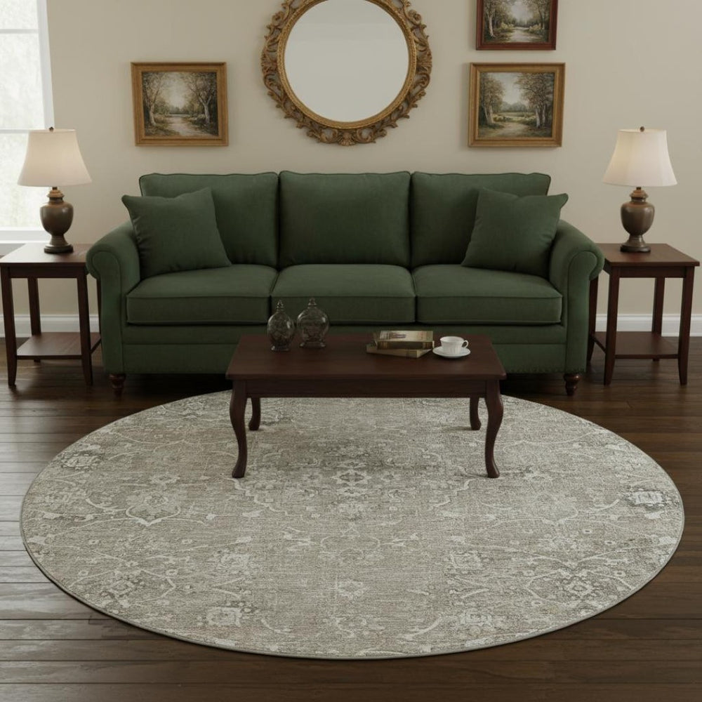 HomeRoots 8' Stone and Coffee Floral Medallion Rug - Washable, UV Protected, Stain-Resistant for Homes 644207