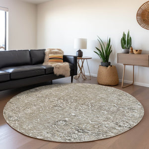 HomeRoots 8' Stone and Coffee Floral Medallion Rug - Washable, UV Protected, Stain-Resistant for Homes 644207