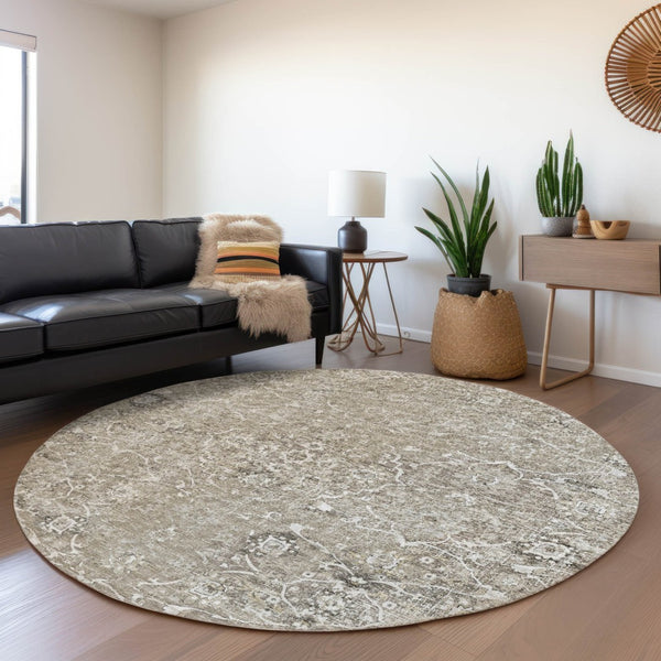 HomeRoots 8' Stone and Coffee Floral Medallion Rug - Washable, UV Protected, Stain-Resistant for Homes 644207