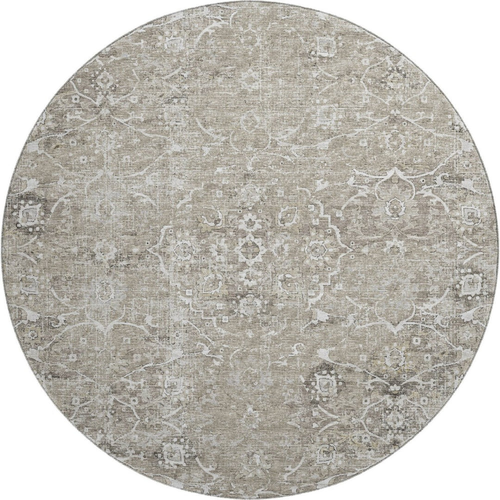 HomeRoots 8' Stone and Coffee Floral Medallion Rug - Washable, UV Protected, Stain-Resistant for Homes 644207