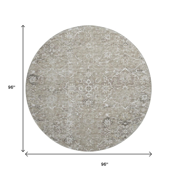 HomeRoots 8' Stone and Coffee Floral Medallion Rug - Washable, UV Protected, Stain-Resistant for Homes 644207