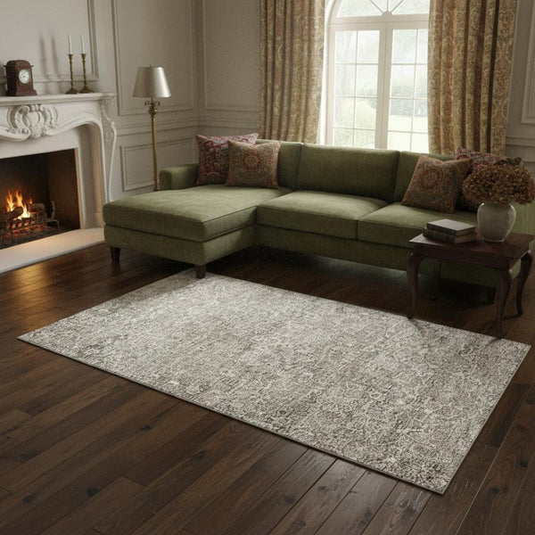 HomeRoots 9' X 12' Floral Medallion Area Rug - Stone & Coffee, Washable, UV Protected, Pet-Friendly Design! 644209