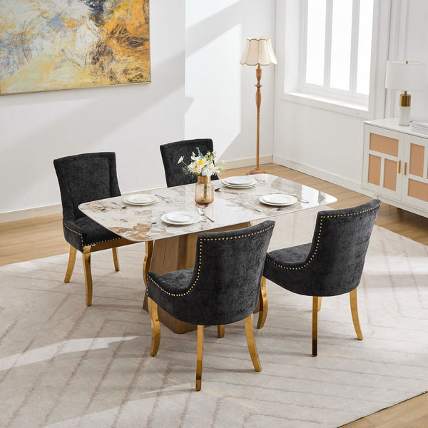 English Elm Chenille Modern Dining Chair with Curved Gold-Plated Legs, Rivet Trim, Textured Upholstery Comfort Black W1143P332685