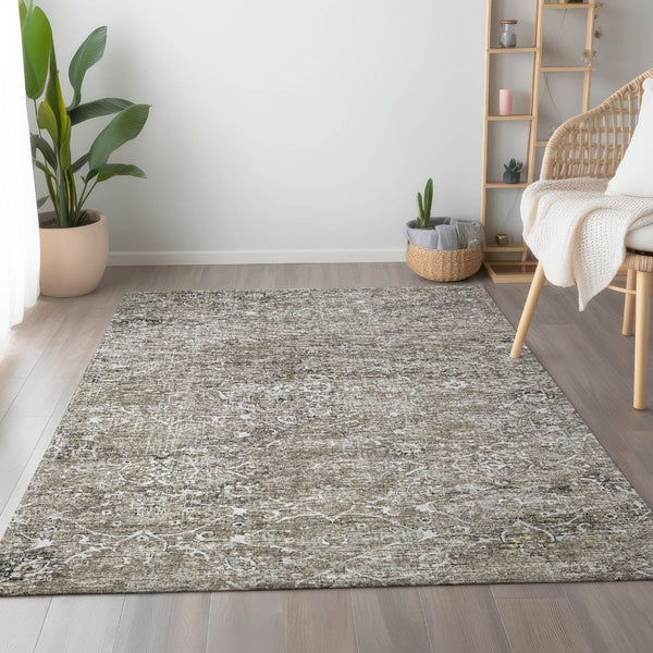HomeRoots 10' X 14' Stone & Coffee Floral Medallion Area Rug - Durable, Washable, UV Protected & Elegant Design 644210
