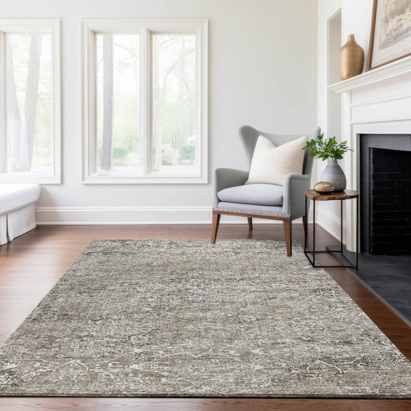 HomeRoots 10' X 14' Stone & Coffee Floral Medallion Area Rug - Durable, Washable, UV Protected & Elegant Design 644210