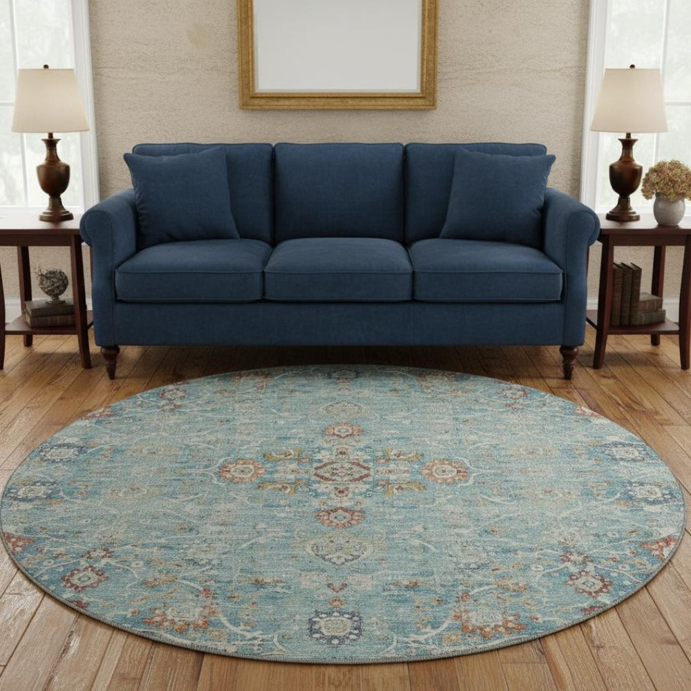 HomeRoots 8' Vibrant Floral Medallion Round Area Rug - Washable, UV Protected, Stain-Resistant for Busy Homes 644213