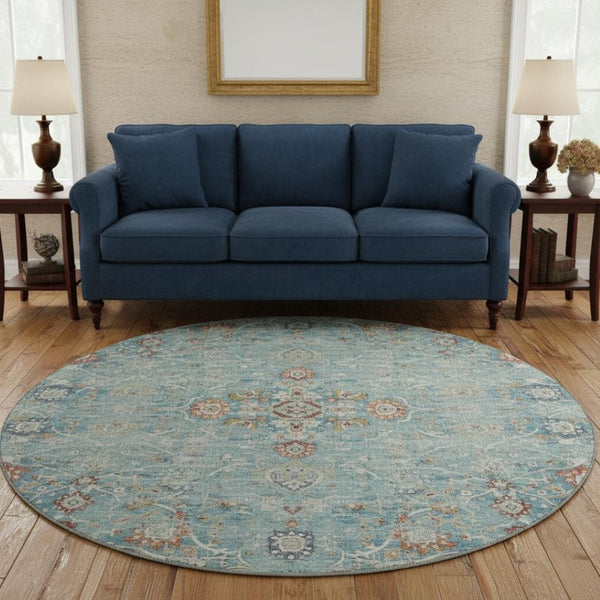 HomeRoots 8' Vibrant Floral Medallion Round Area Rug - Washable, UV Protected, Stain-Resistant for Busy Homes 644213
