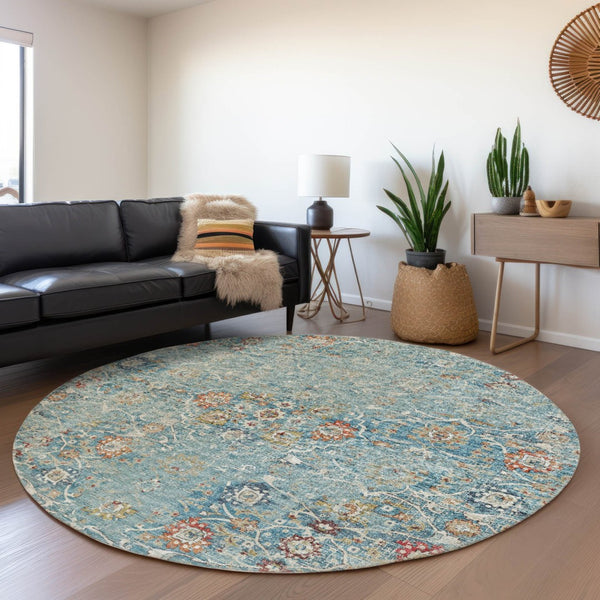 HomeRoots 8' Vibrant Floral Medallion Round Area Rug - Washable, UV Protected, Stain-Resistant for Busy Homes 644213