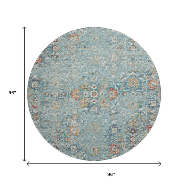 HomeRoots 8' Vibrant Floral Medallion Round Area Rug - Washable, UV Protected, Stain-Resistant for Busy Homes 644213