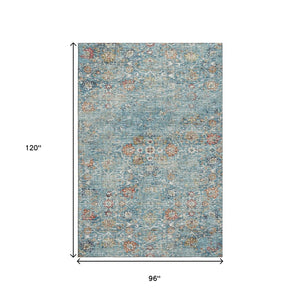 HomeRoots 8' X 10' Vibrant Floral Medallion Area Rug in Blue, Orange & Gold with UV Protection & Washable Ease 644214