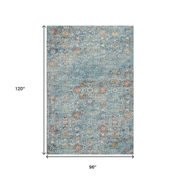 HomeRoots 8' X 10' Vibrant Floral Medallion Area Rug in Blue, Orange & Gold with UV Protection & Washable Ease 644214