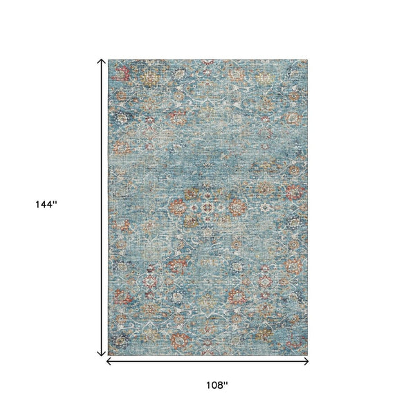 HomeRoots 9' X 12' Vibrant Blue, Orange & Gold Floral Medallion Area Rug - Washable, UV Protected & Durable 644215