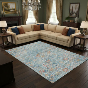 HomeRoots 10' Floral Medallion Area Rug - Washable, UV Protected, Stain Resistant in Blue, Orange & Gold! 644216