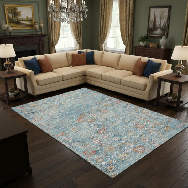 HomeRoots 10' Floral Medallion Area Rug - Washable, UV Protected, Stain Resistant in Blue, Orange & Gold! 644216