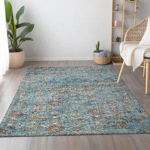 HomeRoots 10' Floral Medallion Area Rug - Washable, UV Protected, Stain Resistant in Blue, Orange & Gold! 644216
