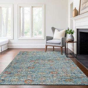 HomeRoots 10' Floral Medallion Area Rug - Washable, UV Protected, Stain Resistant in Blue, Orange & Gold! 644216