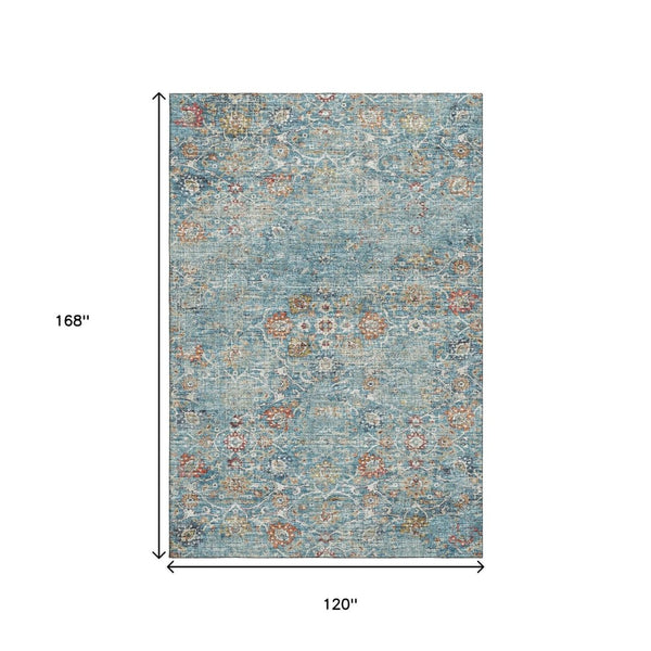 HomeRoots 10' Floral Medallion Area Rug - Washable, UV Protected, Stain Resistant in Blue, Orange & Gold! 644216