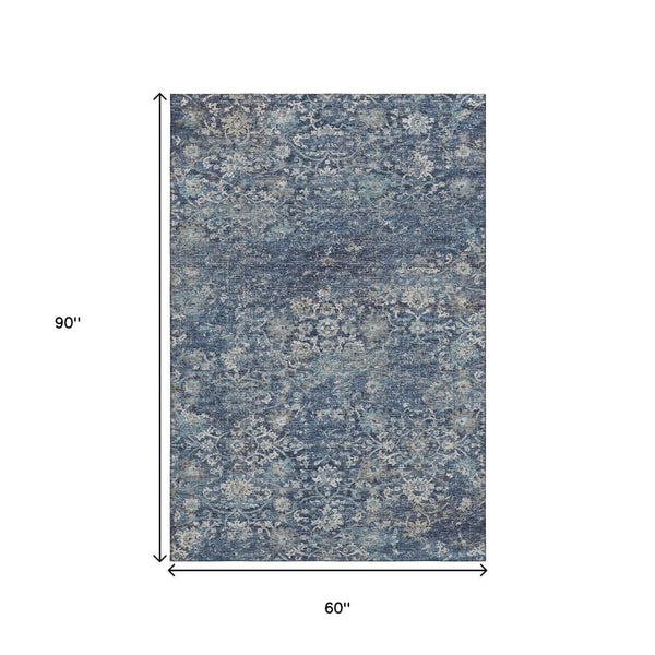HomeRoots 5' X 8' Blue and Gray Floral Medallion Area Rug - Washable, Durable, UV-Protected for High-Traffic Spaces 644218