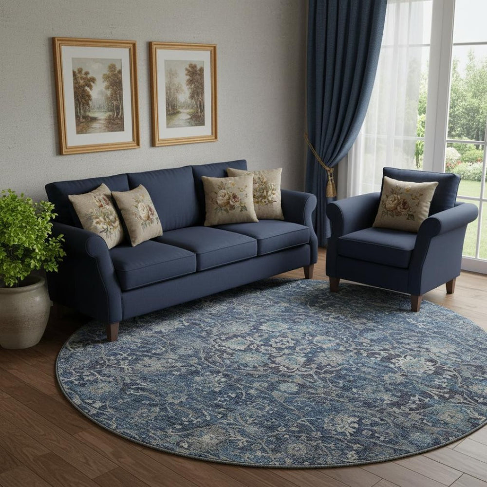 HomeRoots 8' Blue and Gray Floral Medallion Round Rug - Washable, Durable, UV Protected for Stylish Spaces 644219