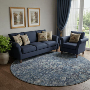 HomeRoots 8' Blue and Gray Floral Medallion Round Rug - Washable, Durable, UV Protected for Stylish Spaces 644219
