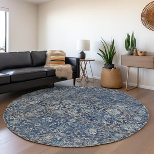 HomeRoots 8' Blue and Gray Floral Medallion Round Rug - Washable, Durable, UV Protected for Stylish Spaces 644219